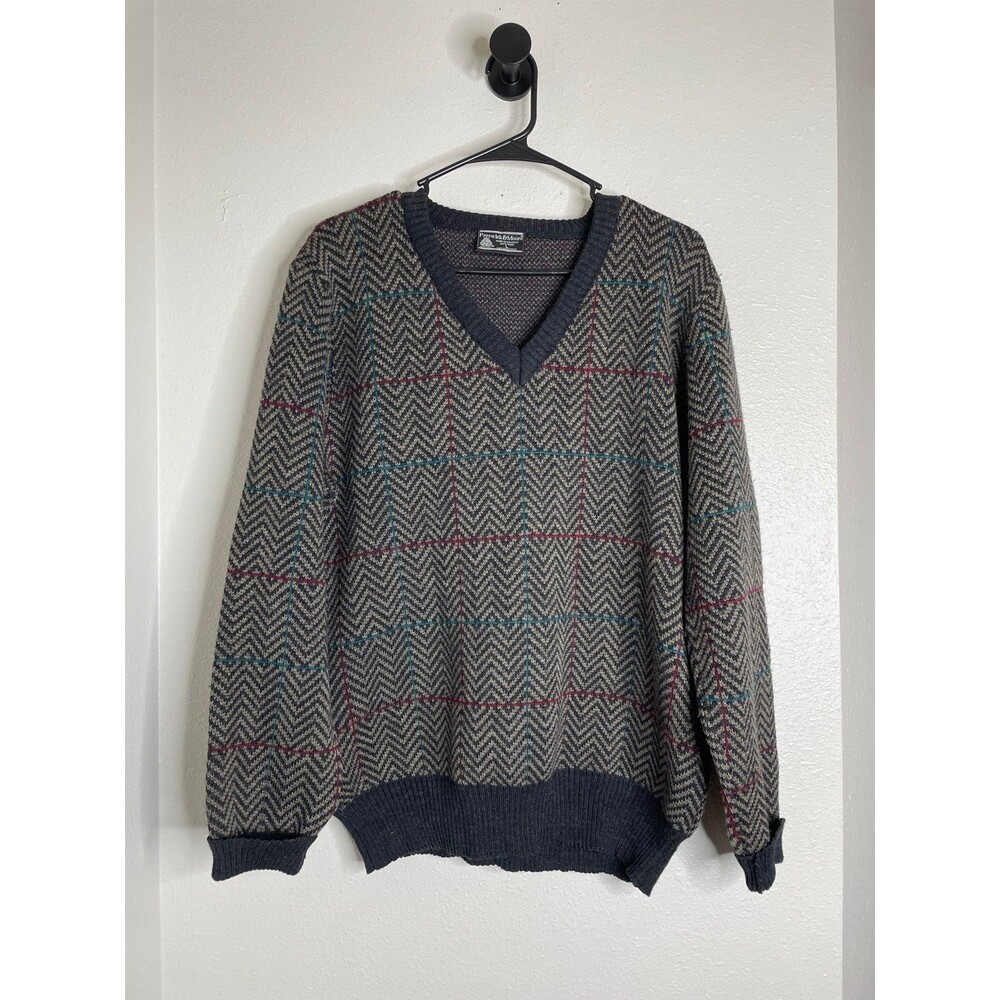 Vintage Preswick & Moore 100% Wool Sweater L – Retro Herringbone Check Knit, Y2K